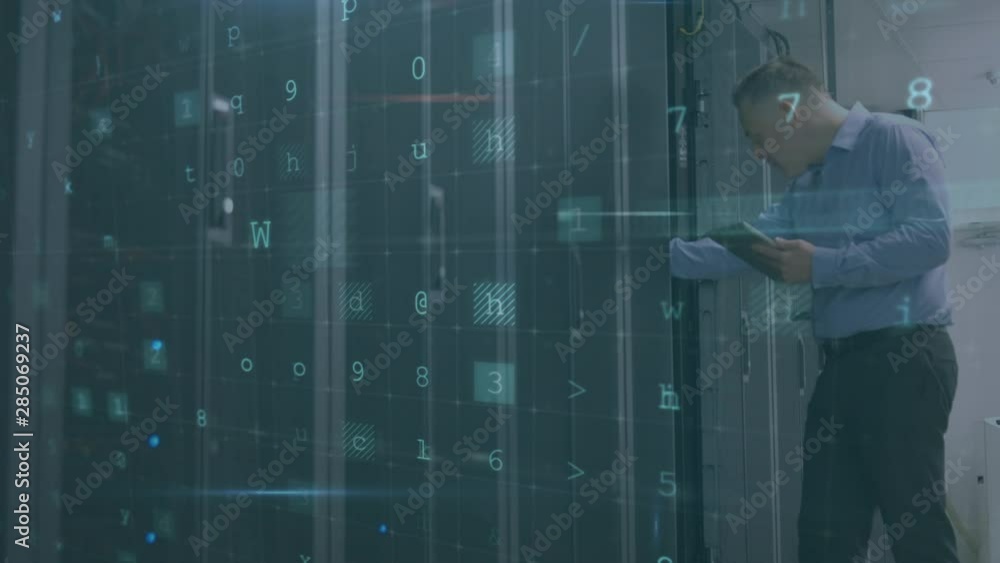 Poster man working in a computer server room while warning messages appear in foreground