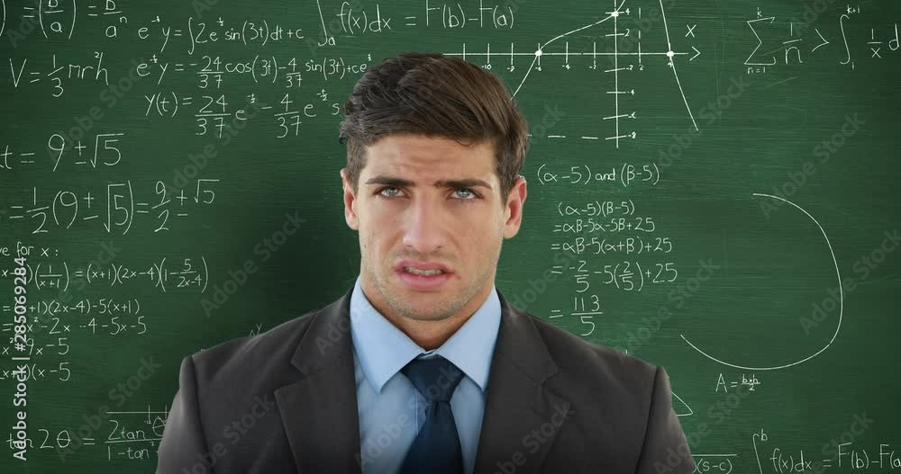 Poster man in front of moving maths on blackboard