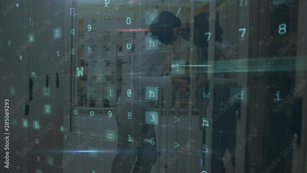 Poster woman standing in computer server room while warning messages appear in foreground