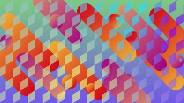 Colourful curved shapes moving through diagonal diamond grid