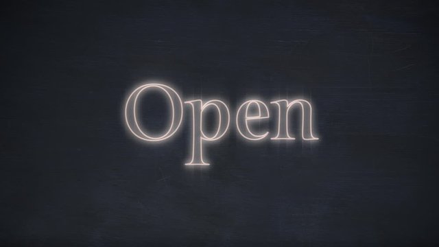 Open neon sign on black background