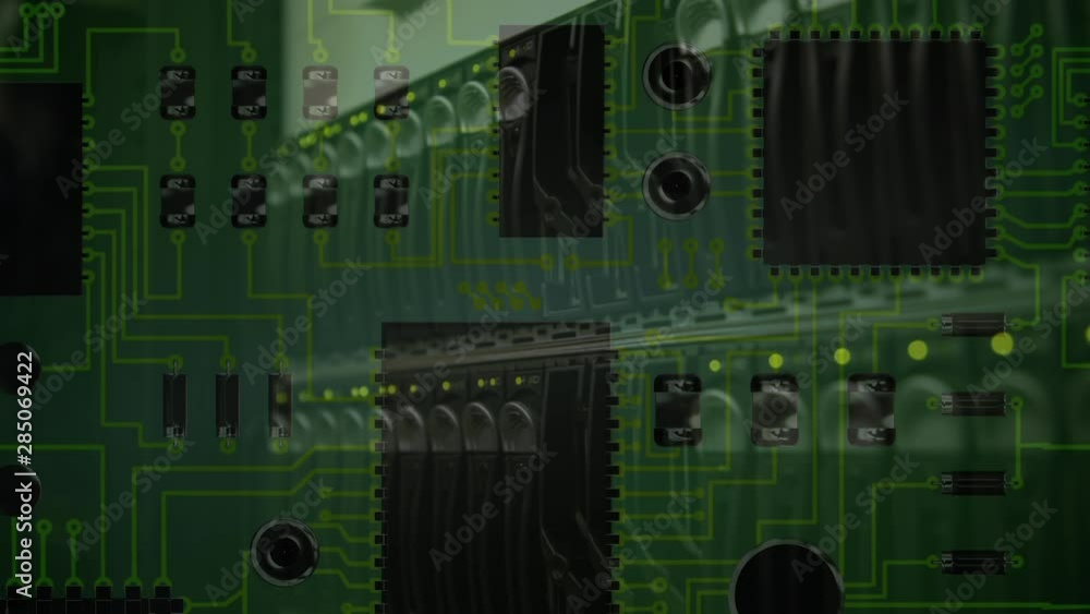 Poster computer server moving on circuit board on dark green background