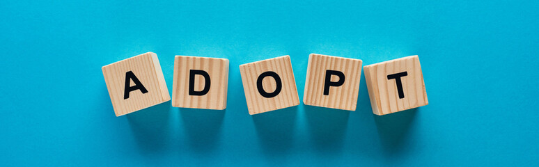 panoramic shot of wooden blocks with adopt lettering on blue background