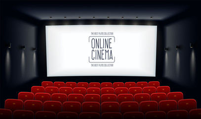 Empty movie theatre. Cinema hall with white screen and red chairs. Modern movies theater for festivals and films presentation. Interior design. Online cinema concept. Vector illustration. - obrazy, fototapety, plakaty