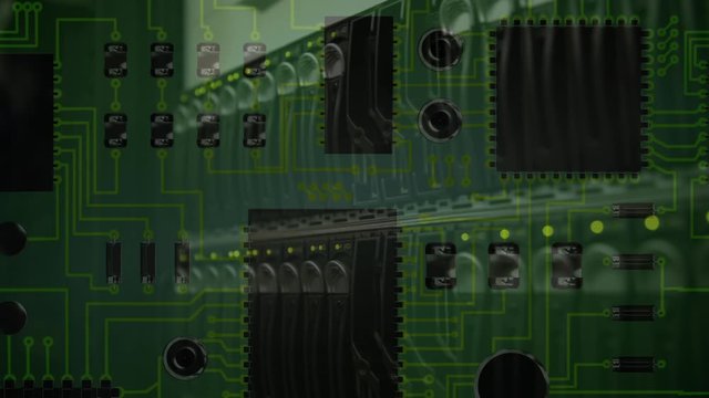 Computer server moving on circuit board on dark green background