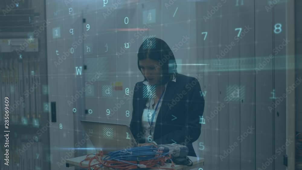 Poster woman working on computer server while warning messages appear in foreground