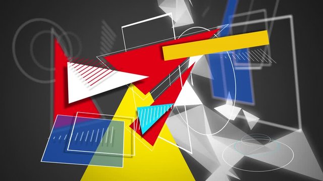 Colourful shapes and outlines and white shapes on blue