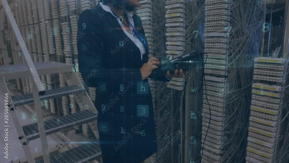 Poster woman working on computer server while warning messages appear in foreground