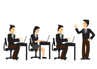 A employer giving instructions to his group of employees. Concept of leadership, professional organisation or productivity management. Isolated vector illustration.