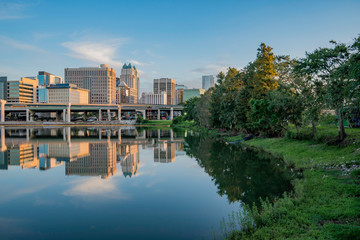 The City of Orlanda in Central Florida during the early morning rush hour on a summer morning .