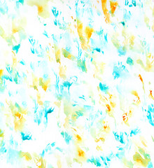 Fototapeta na wymiar Colorful watercolor smudges brush painted isolated spot on white background. Abstract hand drawn blue yellow orange illustration. Artistic paper texture design element