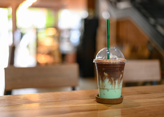 Ice chocolate mint on wooden table