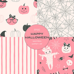 Happy halloween cartoon vector seamless pattern set. Pumpkin, bandaged mummy, cobweb, vertical stripes backgrounds pack. Autumn holiday decorative textile, wallpaper, wrapping paper design
