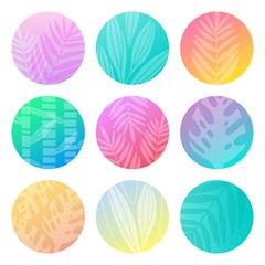 Gradient pastel circles with floral design. Round abstract shapes with leaves. Colorful trendy templates. Vector flat modern illustration.