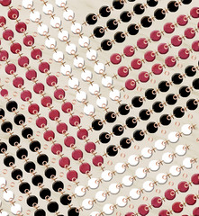 Beautiful design with circles with plastic texture, red, white and black on a background of textured natural color joined by golden details