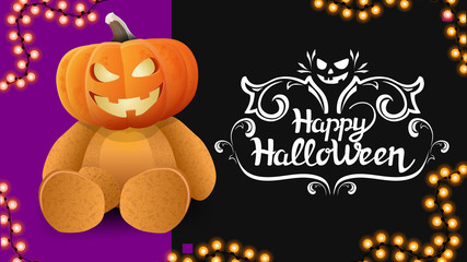 Happy Halloween, horizontal dark card with Teddy bear with Jack pumpkin head