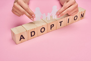 cropped view of woman holding paper cut lesbian family on wooden cubes with adoption lettering on...