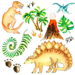 watercolor illustration dinosaurs pattern ancient world set tropics	