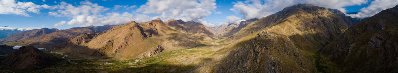 Aerial panoramic views over the stunning cape mountains in the western cape of south africa