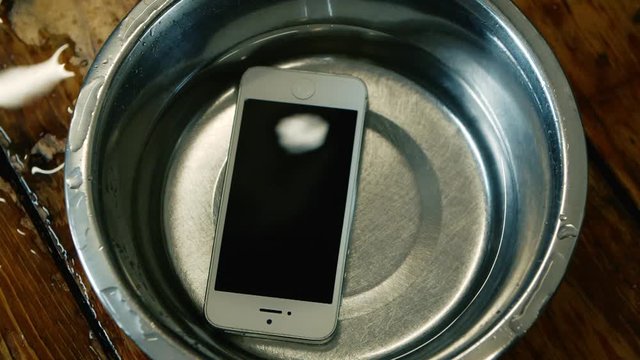 iPhone sat in dog bowl water ripples as the lonely phone is eroding, wood floor accidents happen, frustrated business man, soaking wet broken phone, big mistake insurance claim for this mobile phone