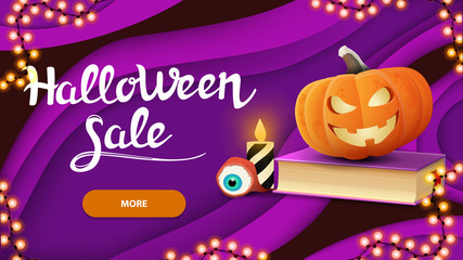 Halloween sale, horizontal purple discount banner in paper cut style with spell book and pumpkin Jack