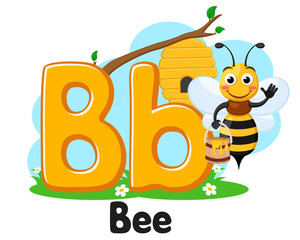 Alphabet bee with bucket of honey, the letter Bb on a white. Preschool education.