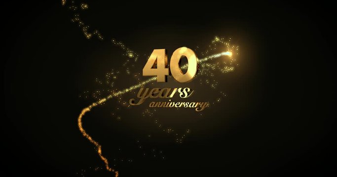 40 years anniversary motion graphic 4K footage with golden sparkling trail, particles and number. Background with alpha channel