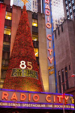 New York, New York, USA - December 7, 2012 : A close-up of the 2012 Radio City Music Hall Christmas Marquee with a sign commemorating the 85th anniversary of the famous Rockettes in Manhattan.