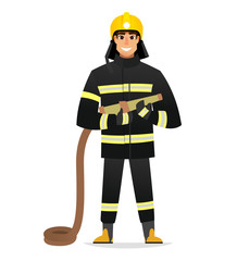Smiling Firefighter, man from fire brigade, standing full face in form of fireman, with personal protective equipment, bunker or turnout gear. Vector illustration