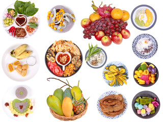 Isolated food for the mixed fruits and desserts of Chinese vegetable food  festival as mixed  friut, varities vegetable food  and Chinese traditional desert .