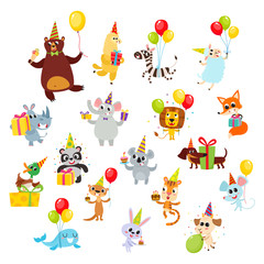 Fototapeta premium Collection of cartoon animals with gifts, balloons isolated on white.