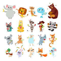 Obraz premium Collection of cute cartoon animals with meal isolated on white.