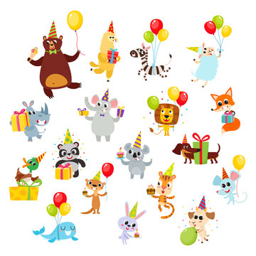 Collection of cartoon animals with gifts, balloons isolated on white.