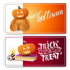 Happy Halloween, trick or treat, two postcards with Teddy bear with Jack pumpkin head, spell book and pumpkin Jack