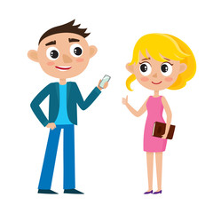 Cartoon business couple in bright clothes isolated on white.