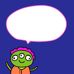 Green monster and speech bubble hand drawn vector illustration in cartoon style