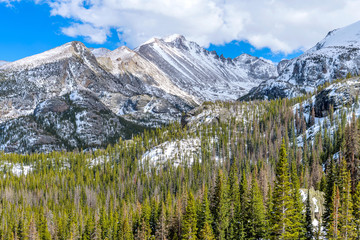 Longs Peak - A sunny Spring day view of rugged Longs Peak and Glacier Gorge, as seen from Emerald Lake Trail, in Rocky Mountain National Park, Colorado, USA.