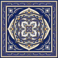 Indian floral mandala medallion paisley pattern vector. Silk scarf fabric print. Oriental ethnic flower ornament. Vintage design for bohemian shawls, pillow case, gypsy bandana, carpet, boho rug.