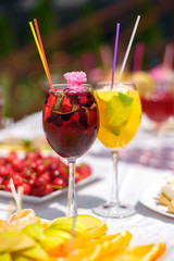 photo of red and yellow cocktails with a slice of lime on a table with fruits, nice cocktails at a party