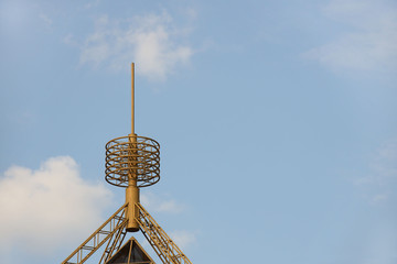 Radio-television tower for receiving and transmitting electromagnetic signals at a distance. Metal...