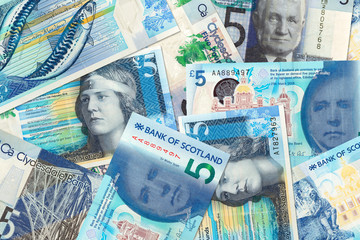 some different 5 Pounds Sterling banknotes issued by Scottish Banks