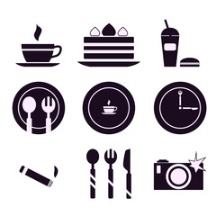 Cafe and restaurant: set of 9 color icons for decoration and design. Coffee, cake, drink, Burger, plate, fork, spoon, knife, camera, cigarette
