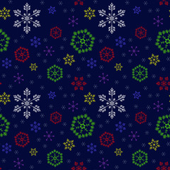 Delicate, beautiful, colorful, isolated snowflakes of different size on dark background. Seamless pattern for printing and web pages