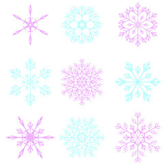 Obraz na płótnie Canvas Set of 9 vector blue and pink snowflakes. Cute flat winter isolated icons