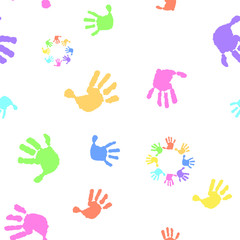 Children's seamless pattern of hand print on a white background. Vector illustration of a prints of palms. Children's hands, circle, kid handprint, baby palms, watercolor.