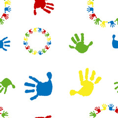 Children's seamless pattern of hand print on a white background. Vector illustration of a prints of palms. Children's hands, circle, kid handprint, baby palms, watercolor.