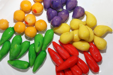 Colourful Luk chup look choop tadeonal Thai desert sweets candy creatve variety