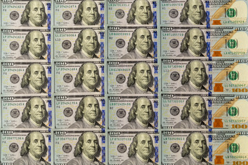Pile of new design US dollar bills as background. Top view point