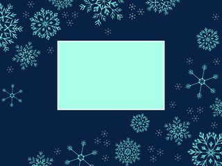 Beautiful, delicate, blue snowflakes on a dark blue background-a template, a form for an invitation or a card. Vector illustration with copy space