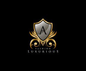 Luxury Golden Shield Logo with A Letter,  royal shield logo icon.